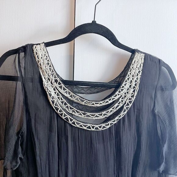 Free People Black Dress Size XS Handkerchief Hem Beaded Neckline Flowy Boho - Picture 2 of 8